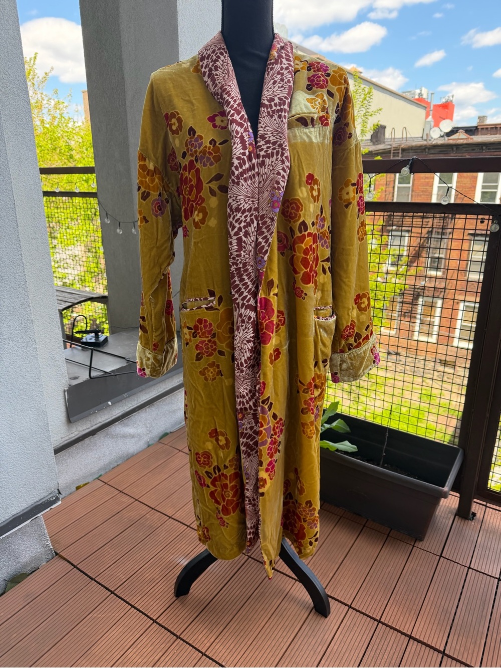 Free People Mustard Yellow Floral Velvet Duster with Burgundy Trim